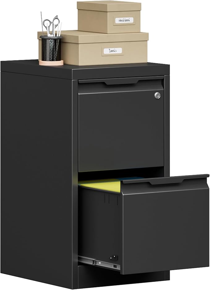 2 Drawer File Cabinet, 17.8" Deep Filing Cabinet for Home Office, Metal Vertical File Cabinet with Lock for Letter/Legal/A4/F4 Size, Easy Assemble (Black)