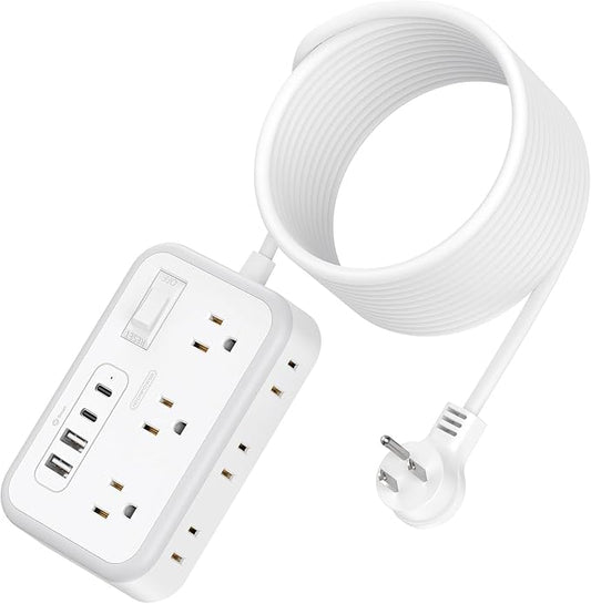 Flat Plug Extension Cord 25 ft, Surge Protector Power Strip, Outlet Extender with 6 Outlets 4 USB Ports, Overload Protection, Long Extension Cord with Multiple Outlets for Indoor, Home, Office, White