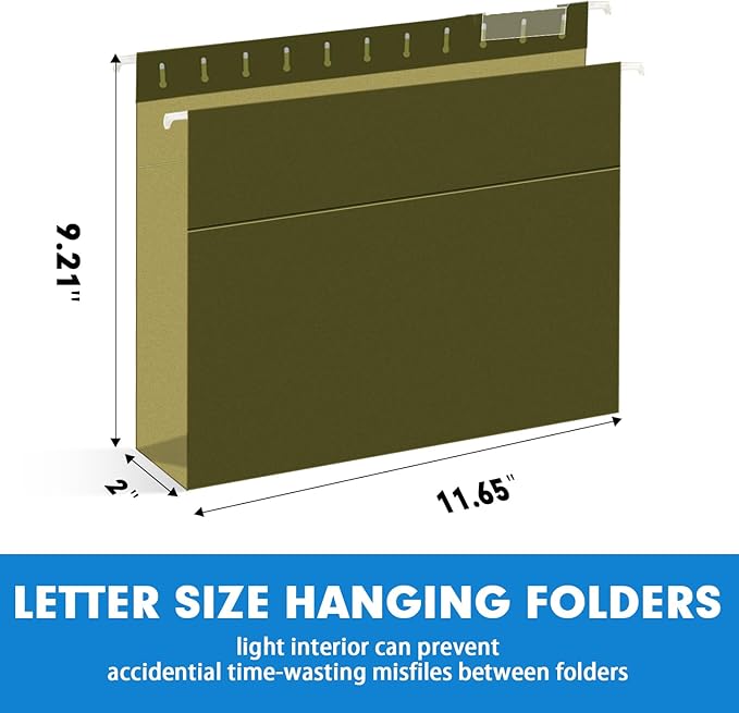 Extra Capacity Hanging File Folders, RAZCC 30 Pack Letter Size Reinforced Hanging Folders with Heavy Duty 2 Inch Expansion for Bulky Files, Filing Cabinet, Adjustable Tabs, Green
