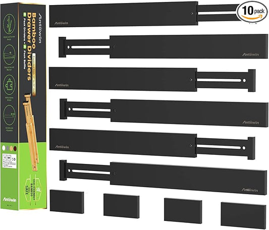 ANTOWIN 10pack Bamboo Drawer Dividers, Expandable Drawer Separators Splitter, 17-22 inches Adjustable Spring-loaded Organizer for Large Utensil, Clothes, Tools Drawers(Black)