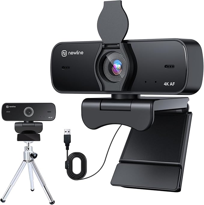 N newline 4K Webcam for PC, 4K UHD USB Webcam with Microphone, Auto Focus, Low Distortion, Privacy Cover, PC Camera w/Tripod Stand for Zoom, Skype, Teams, Laptop, Conferencing, Calling, NewEye 60