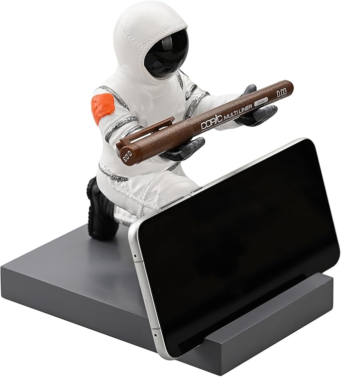 Astronaut Resin Pen Holder, Mobile Phone Stand, Device Stand, Desk Organizer Decorative Pen Holder (White&Black)