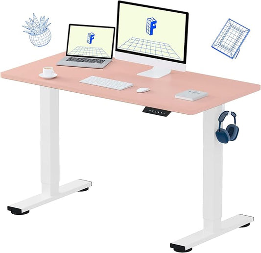 FLEXISPOT EN1 One-Piece Standing Desk, 48 x 24 Inches Electric Height Adjustable Desk for Home Office (White Frame + Pink Desktop)