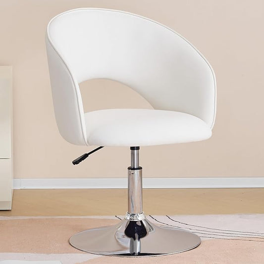 Furnimart Vanity Chair White Leather Vanity Stool, Height Adjustable Accent Chair with Back, Round Swivel Makeup Chair for Living Room Bedroom Vanity Makeup Room (PU White)