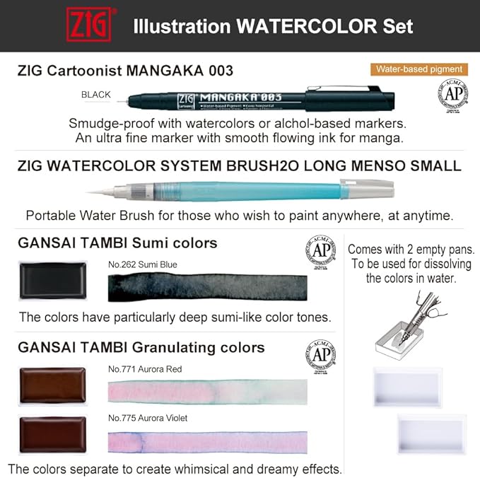 Kuretake Zig illustration watercolor Set, 3 Gansai Tambi, Fineliner and Waterbrush pen, for Inktober, Manga, Drawing, Calligraphy, Professional, Artist, Made in Japan (IKTB-25/7V)