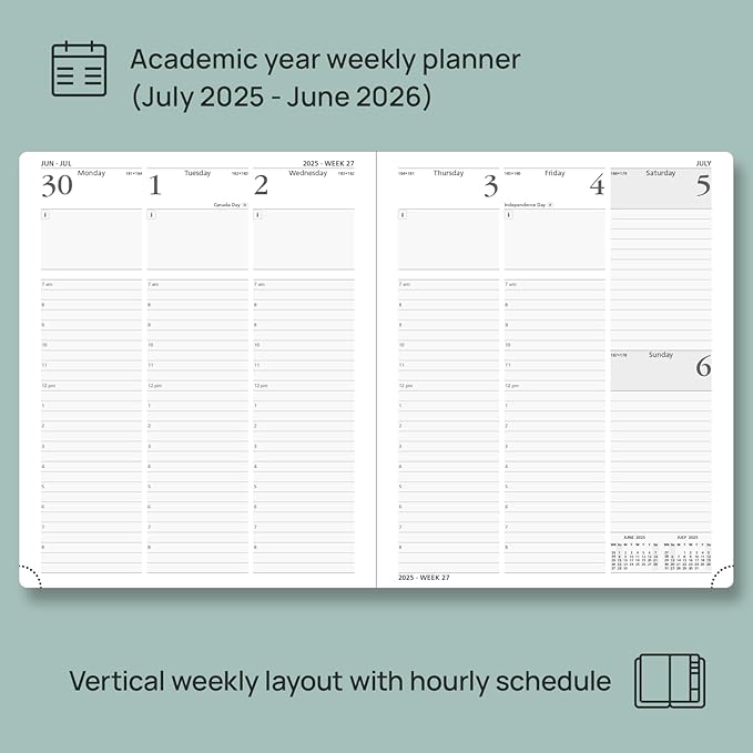 POPRUN Planner 2025-2026 (Large - 8.5'' x 10.5'') Academic Weekly Calendar (July 2025 - June 2026) with Hourly Time Slots, Monthly Tabs, 100GSM Thick Papers, Leather Soft Cover - Grey