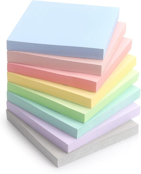 Sticky Notes 3x3 Inch, 8 Pads Light Colors Self-Adhesive, 8 Assorted Pastel Colors, 80 Sheets/Pad, Reusable Notepads for Office, School, and Home