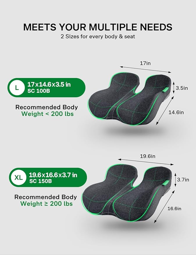 Seat Cushion, SC 100B Seat Cushions for Office Chairs, Car Seat, Wheelchair - Sciatica & Tailbone & Coccyx Pain Relief Pillow for Driver Sedentary People（Size:17 * 14.6 * 3.54 in-Black