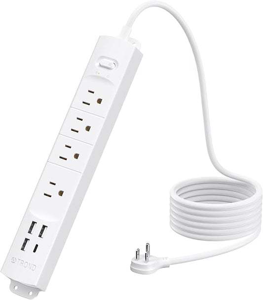 TROND Surge Protector Power Strip with USB, Ultra Thin Flat Plug 6ft Extension Cord 1625W, 3 USB A & 1 Type C, 4 AC Outlets 1440J Surge Protection ETL Listed, Wall Mount for Home Office Dorm, White