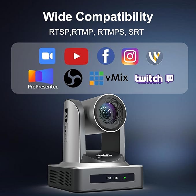 NDI PTZ Camera (Native NDI 6 Certified), AI Auto Tracking 1080P60 PoE, 20X Optical Zoom, 3G-SDI HDMI USB3.0 LAN, Live Streaming for Church Meeting Education Sport Hospital Wedding