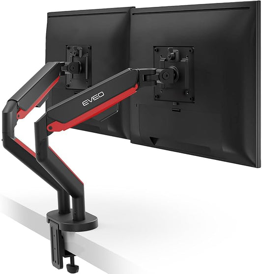 EVEO Premium Dual Monitor Mount 14"-35” Dual Monitor Arm VESA Bracket Adjustable Height Gas Spring Dual Monitor Stand, Screen Full Motion Dual Monitor Arm-Computer Monitor Stand for 2 Screens - Red
