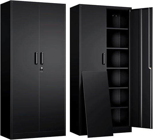 Yizosh Metal Garage Storage Cabinet with 2 Doors and 5 Adjustable Shelves - 71" Steel Lockable File Cabinet,Locking Tool Cabinets for Office,Home,Garage,Gym,School (Black)