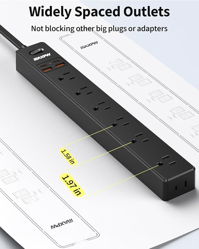 2 Pack Power Strip Surge Protector - 7 Outlets 4 USB Ports (2 USB C), Maxpw 10 Ft Ultra Thin Flat Plug Extension Cord, 1875W/15A, 1700 Joules, Wall Mount for Home Office Dorm, Black