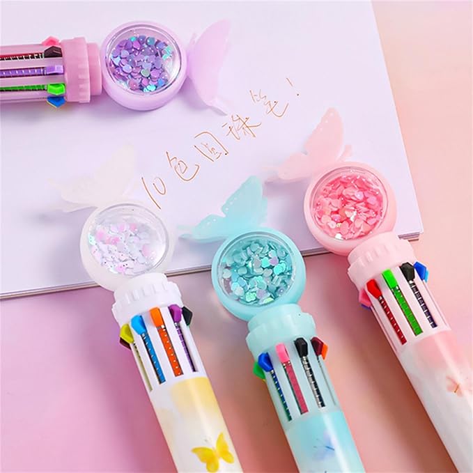 4pcs Set Multi-Color Shuttle Pens 10-In-1 Retractable Ballpoint Pen 0.5mm, Butterfly Design, Home Office School Supplies for Students Kids (4pcs Random Color)