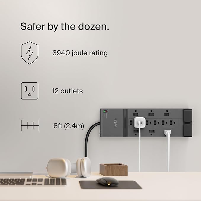 Belkin Surge Protector Power Strip w/ 12 AC Outlets & 8ft Long Flat Plug, UL-listed Heavy-Duty Extension Cord for Home, Office, Travel, Computer, Laptop, Phone Charger - 3,940 Joules of Protection