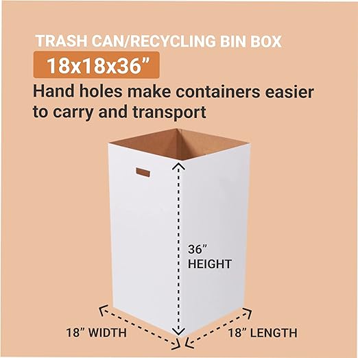 AVIDITI Cardboard Trash Cans and Recycling Bins, 50 Gallon 18"L x 18"W x 36"H (10-Pack) Reusable or Disposable Pop Up Garbage Boxes for Parties, Outdoor Events, Heavy Duty, Plain