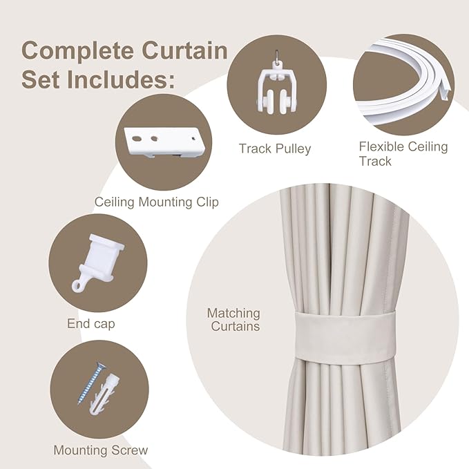 Room Divider Curtains & Flexible Bendable Tracks Set,Privacy Dividers Ceiling Track Curtain Window Blackout Curtains for Living Room Bedroom (W180 × H96 in 1 Panel Beige Drape & White Rail)