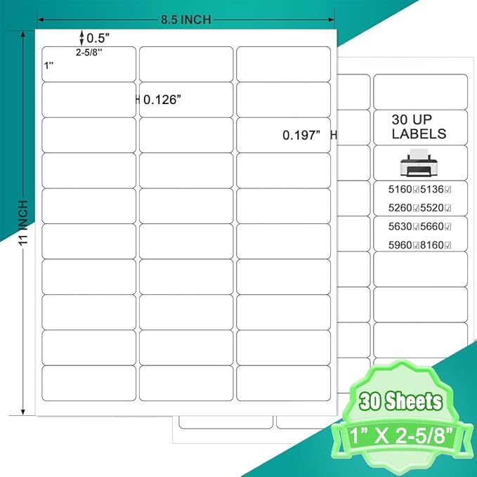 Address Labels 1" x 2-5/8" Mailing Labels for Envelopes, 900 White Printable Blank Label Stickers for Address, Mailing, Lase/Inkjet Printer, 8.5"×11" 30 Up Small Labels Per Sheet (30 Sheets)