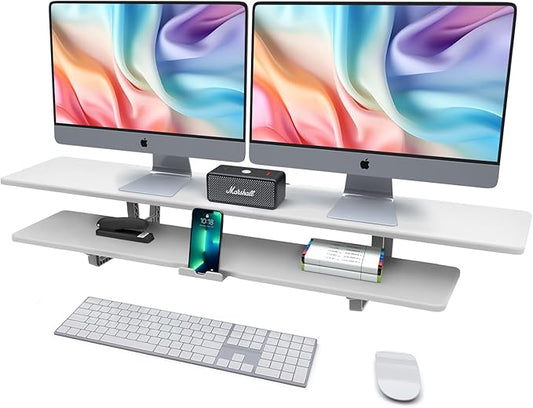 Dual Monitor Stand, 2-Tier Wood Monitor Riser with Storage Organizer and Cable Management, White