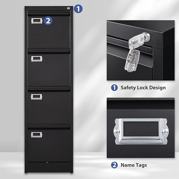 4 Drawer File Cabinet, Filing Cabinets for Home Office, Metal Vertical File Storage Cabinet with Lock, Locking File Cabinet for A4 Legal/Letter, 15" W x 17.7" D x 50.1" H, Assembly Required