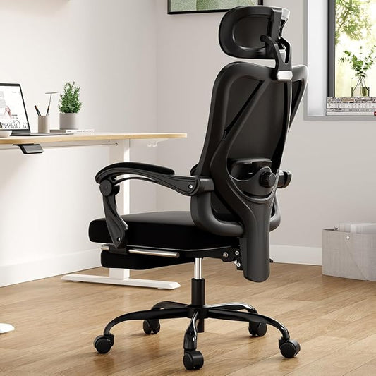 Farini Ergonomic Office Chair with Footrest, Mesh Office Desk Chair with Headrest, High Back Computer Chair with Adjustable Lumbar Support.for Home Office Study Room Bedroom (Black)