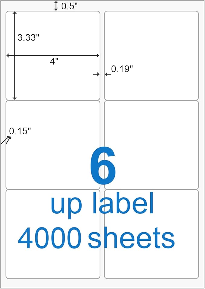 BESTEASY 3 1/3" x 4" Labels Shipping Labels for Laser Inkjet Printers, 6 Up Self Adhesive FBA Address Labels, White Matte Mailing Label Stickers (4000 Sheets, 24000 Labels)