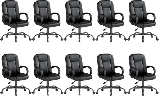 ZZH Executive Office Chair, Leather Desk Computer Chair with Armrests, Mid-Back Swivel Adjustable for Home Office, 10PC, Black