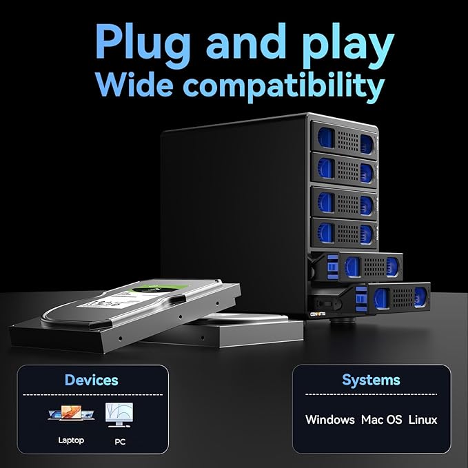 6 Bay Hard Drive Enclosure with Cooling Fan for 2.5“/3.5" SATA HDD/SSD with USB A/C 3.0, Support Hot Swappable, Daisy Chain Expansion, Tool-Free HDD Enclosure, DAS(NO RAID/NAS)