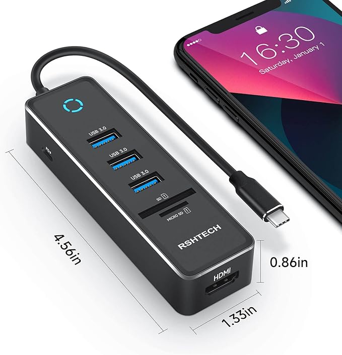 RSHTECH USB C Hub Dongle Adapter with 4K HDMI, 3 USB 3.0 Data Port, 100W Power Delivery, SD/TF Card Reader, Aluminum USB-C/Thunderbolt 3 Hub Dock for PC and Laptop, RSH-T16