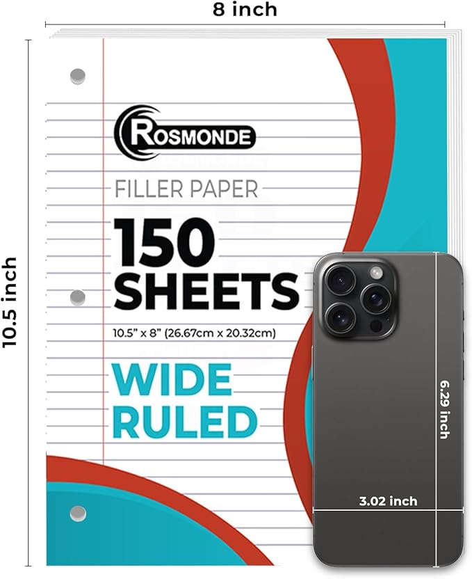 Bulk 3600 Sheets Loose Leaf Binder Filler Paper, Wide Ruled, Bulk Notebook Paper, 8 x 10.5", Loose Leaf Sheets, 3 Hole Punched, 24 Pack, 150 Sheets/Pack, Filler Papers, White