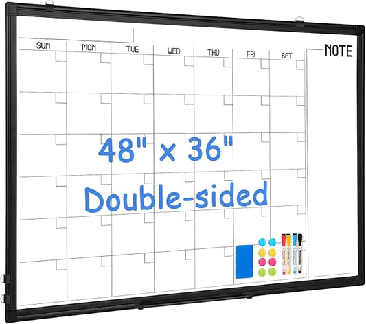 WALGLASS Dry Erase Calendar Whiteboard, 48" x 36" Monthly Large Dry Erase Calendar for Wall, Double-Sided Hanging White Board with Black Aluminum Frame for Home, School, Office, Kitchen