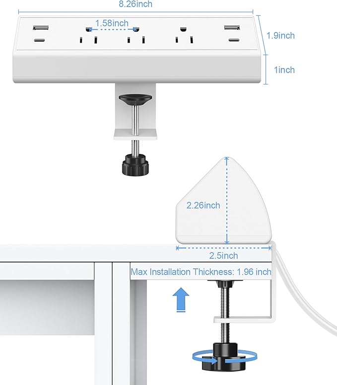 Jgstkcity Desk Clamp Power Strip,40W Total Fast Charging Station,2 PD 20W USB C Ports,Desk Edge Mount Surge Protector for Home, Office,3 Outlets,Fit 1.96" Tabletop Edge,ETL Listed,White
