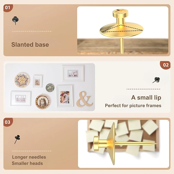 50pcs Gold Thumb Tacks for Picture Hangers - Heavy Duty Push Pins, Double Headed Thumbtacks for Hanging, Metal Wall Tacks, Pins, Nails, Hooks (Gold)