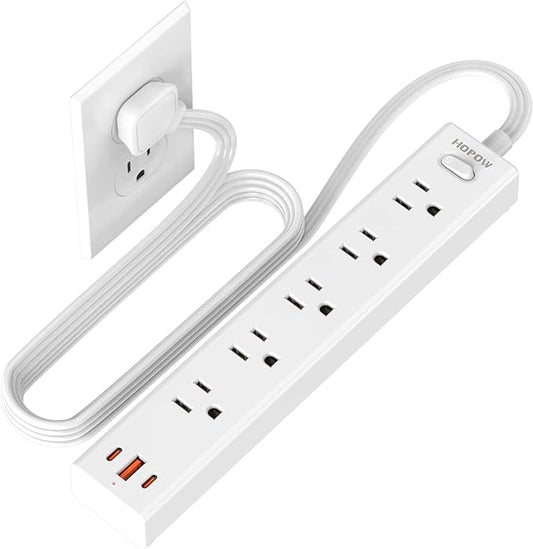 Flat Plug Power Strip, 6 Ft Ultra Thin Flat Extension Cord, Surge Protector with 5 Outlets & 3 USB Ports (2 USB C), 1700 Joules, Wall Mount, Desktop Charging Station for Home Office Dorm, White