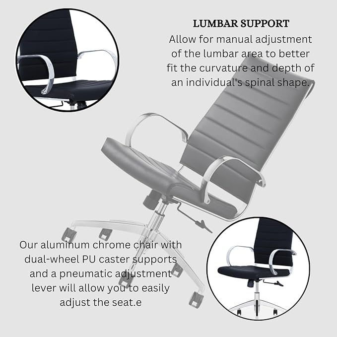 Ribbed Desk Chair - Lumbar Support, Modern Style Executive Chair for Home and Office - 360 Swivel Rolling Wheels - Aluminum Chrome Frame & Base (Black & Chrome High Back, Pack of 25)