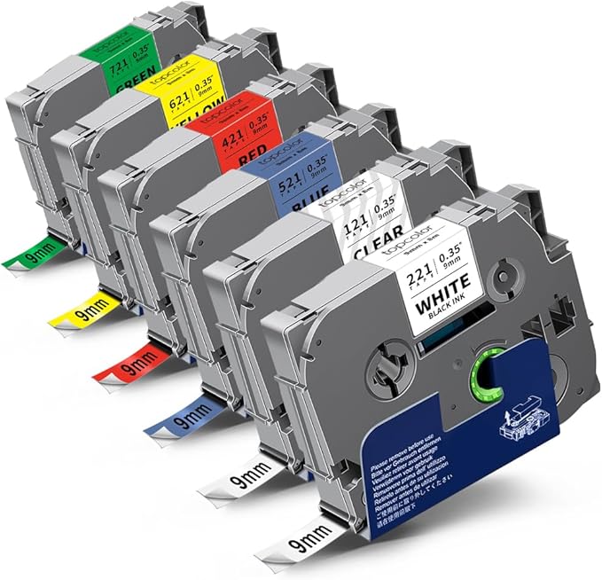 6-Pack Tz 9mm 0.35" Laminated Tape Compatible for Brother Tze-221 Tze-121 Tze-421 Tze-521 Tze-621 Tze-721 P Touch Tze 3/8 Inch Label Maker Tape for PTD200 PTD210 PTH110 PTD220 PTD600 PTD400AD