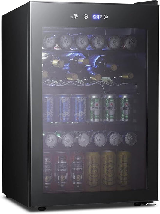 Kismile 4.5 Cu.ft Beverage Refrigerator and Cooler, 145 Can Mini Fridge Glass Door,Digital Temperature Display for Soda, Beer or Wine, Small Drink Dispenser Cooler for Home, Office or Bar(Black)