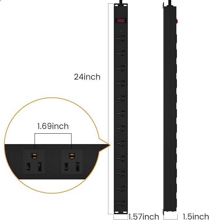 12 Outlet Long Power Strip Surge Protector with 2100 Joules, 3FT Power Cord, Wide Spaced Outlet Power Bar, Overload Protection Switch, Industrial Heavy Duty for Work Bench, Shop, Garage (Black)