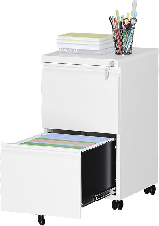 Mobile File Cabinet with Lock, 2 Drawer Under Desk Filing Cabinet with Wheels for Legal/Letter/A4 (Fully Assembled,White)