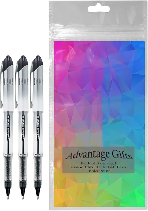 Vision Elite Rollerball Pens, Bold Point (0.8mm), Black Ink, 3 count, Bundle with Plastic Reusable Pouch