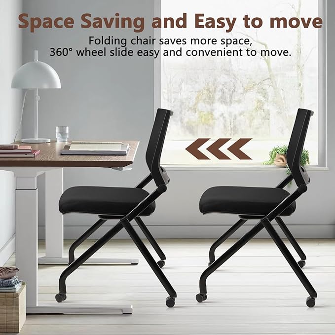 CLATINA Stackable & Foldable Conference Room Chairs, Waiting Room Chairs with Wheels & Lumbar Support, Ergonomic Mesh Bouncing Back Folding Chair for Office Meeting Schools Training Room, Black 20pk