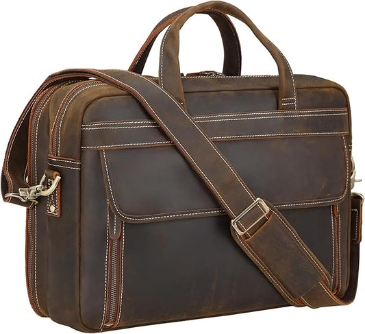 Masa Kawa Leather Briefcase for Men 15.6" - 17" Laptop Computer Case Business Travel Work Messenger Cross Body Shoulder Bag
