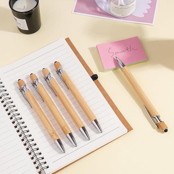 Bamboo Personalized Pen with Stylus, Custom Ballpoint Pens with Name Text Logo, Black Ink, Customizable Gift Ideas for School Back Day Office Business Home (100 Count/Pack)