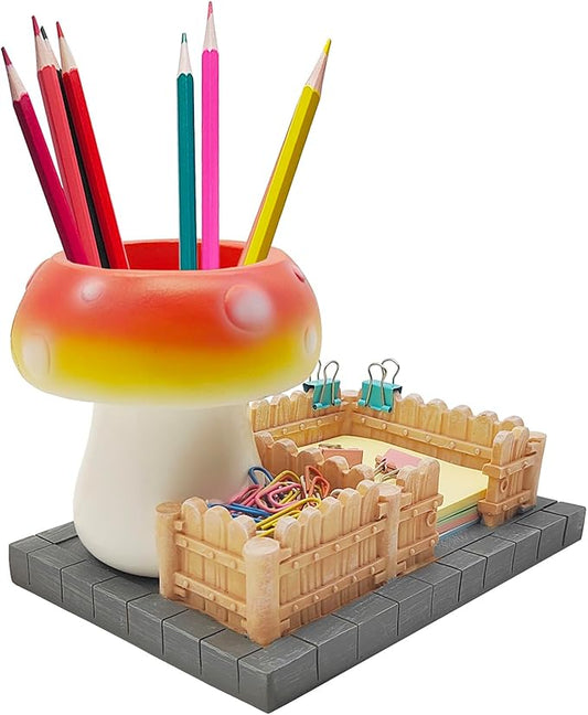 Mushroom Desk Organizers,3 Compartments Resin Office Desk Accessories with Pen Holder Sticky Note Holder,Pencil Holder and Paperclips Cup School Office Mushroom Decor