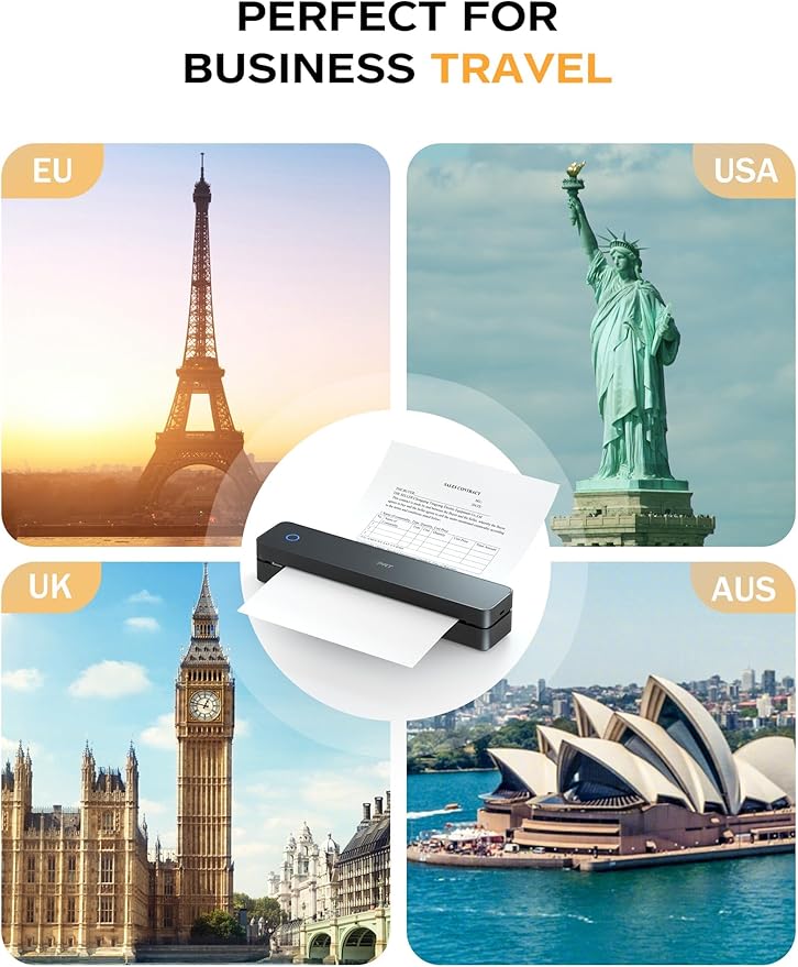 PRT Portable Printer Wireless for Travel, Inkless Bluetooth Small Mobile Thermal Printer, Support 8.5" X 11", A4, Compatible with iOS, Android, Laptop for Home Use, Office & Vehicles, 300 DPI, Black