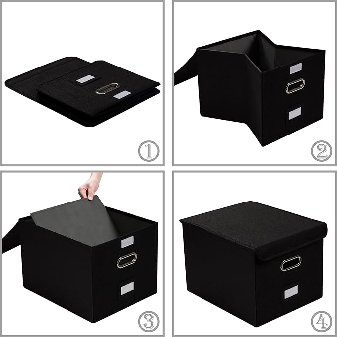 PRANDOM File Organizer Box - Set of 4 Collapsible Decorative Linen Filing Storage Hanging File Folders with Lids Office Cabinet Letter Size Black (15x12.2x10.75 inch)