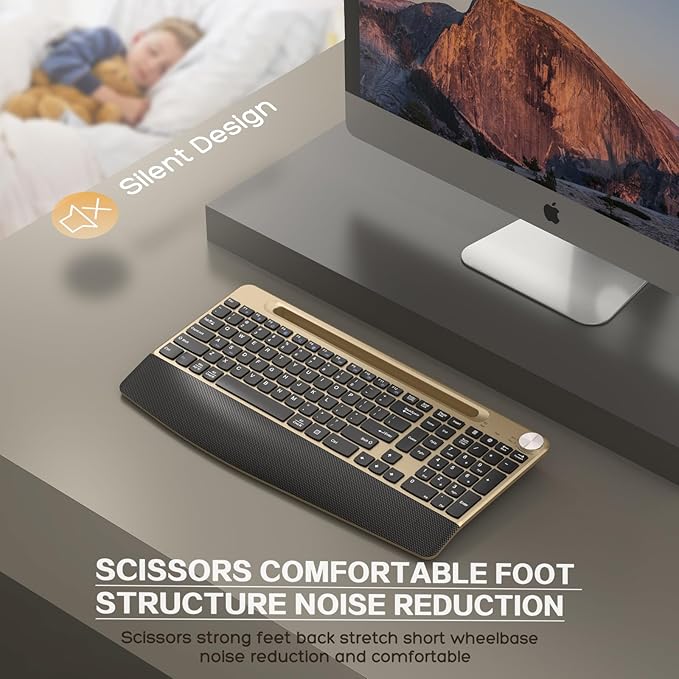 Ergonomic Wireless Keyboard with Wrist Rest-Low-Profile,Phone/Tablet Holder,Quiet Design，Windows & Mac OS，Full Size Cordless USB Computer Keyboard for Desktop,Laptop, PC, Mac, Windows-Gold