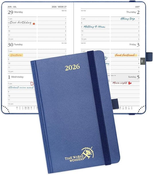 POPRUN 2026 Planner (Pocket Size 4''x 6.25'' Hardcover) - Small Calendar for Purse with Hourly Schedule & Vertical Weekly Layout, Monthly Calendars, 100 GSM - Navy Blue