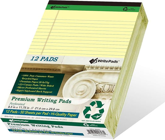 KAISA Premium Legal Pads Writing Pads Notepads With Rigid Chipboard Back Support, 8.5x11 inch Wide Ruled, Perforated 20lb Recycled Paper Pads 50sheets/Pad, Canary 12pad, KSU-6931
