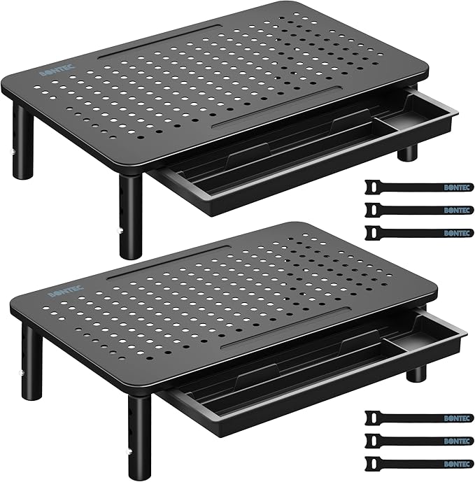 BONTEC 2 Pack Adjustable Monitor Stand Riser with Drawer, Ergonomic Mesh Platform for Laptop, PC, iMac, Printer, Supports up to 44 lbs/20kg with Cable Management Included